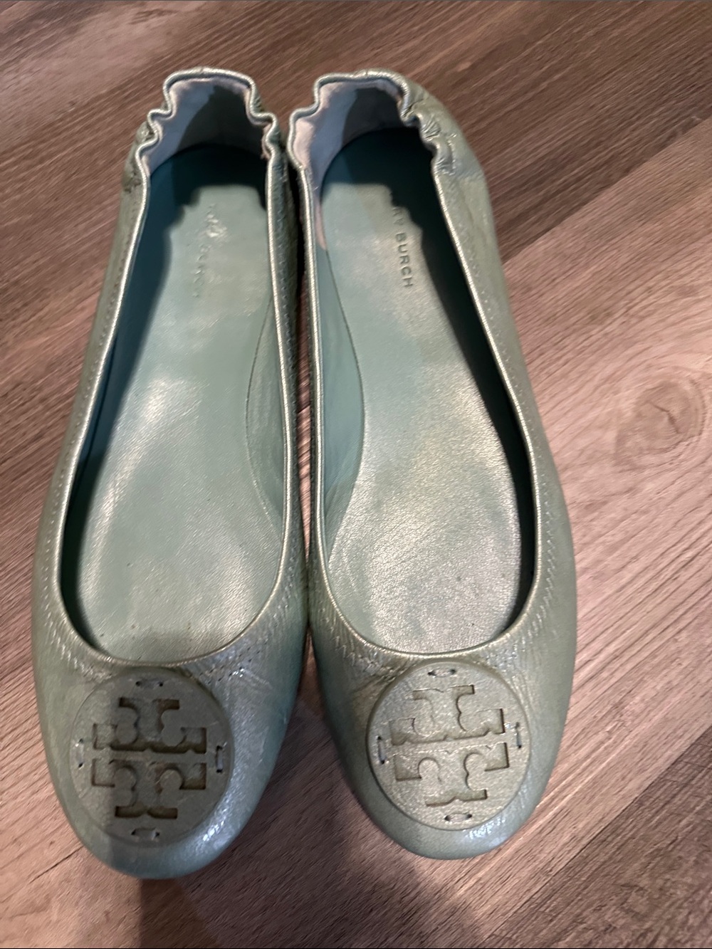 Tory Burch Seafoam Leather Ballet Flats with Logo Medallion